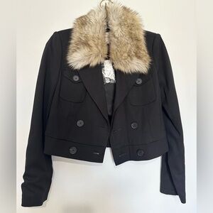 Ann Taylor Loft Women's Black Cropped Blazer Double Breasted Faux Fur Collar XS